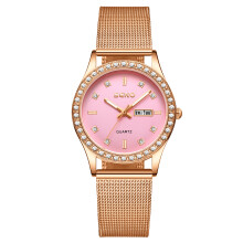 (Rose gold powder) Mesh Band Ladies Quartz Watch Diamond Inlay Dual Calendar Waterproof Luminous Wristwatch