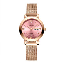(Rose gold powder) Women Imitation Automatic Quartz Watch Luminous Waterproof Dual Calendar Wristwatch