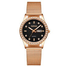 (Rose gold black surface) Mesh Band Ladies Quartz Watch Diamond Inlay Dual Calendar Waterproof Luminous Wristwatch