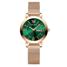 (Rose gold green surface) Women Imitation Automatic Quartz Watch Luminous Waterproof Dual Calendar Wristwatch