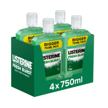 Listerine Fresh Burst Fluoride Antibacterial Mouthwash Pack of 4 (4 x 750ml), Helps Kill Up to 99% of Germs Left after Brushing and Reduce Plaque, Mo
