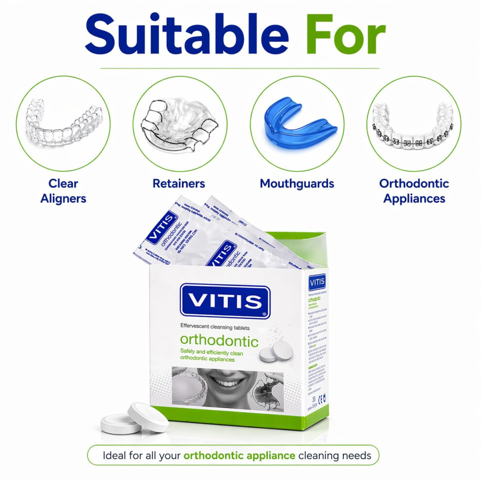 Vitis Orthodontic Retainer Cleaning Tablets 96 Count Â Effervescent Dental Appliance Cleaner For Aligners, Braces, Mouthguards & Dentures Â Remove
