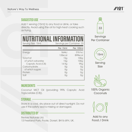 Organic C8 MCT Oil - 500ml (Glass) - 99%+ Cold Pressed C8 - Boosts 2