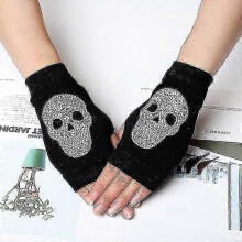 Women's Winter Warm Touchscreen Gloves, Black Knit Half-Finger Driving Gloves, Punk Skull Rhinestone Short Hip Hop Gloves