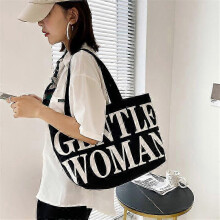 (black) Large capacity letter print canvas bag, shoulder bag, tote bag, shopping canvas bag, White