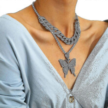 (black) Women's rhinestone Cuban buckle necklace with crystal butterfly pendant, black