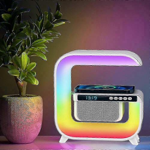 4-in-1 Bedside Lamp for Charging with Wireless Pad, Bluetooth Speaker, Alarm 1