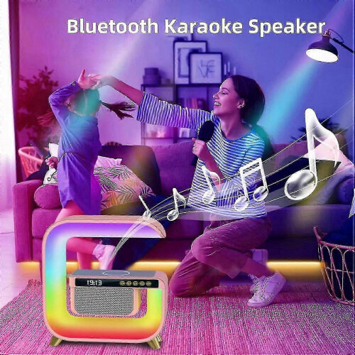 4-in-1 Bedside Lamp for Charging with Wireless Pad, Bluetooth Speaker, Alarm 2