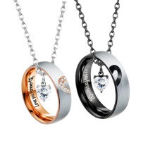 (sliver) Rose Gold Heart Projection Couple Necklace, 100 Languages Love Projection Stone, Diamond-Cut Engraved Ring Necklace Set
