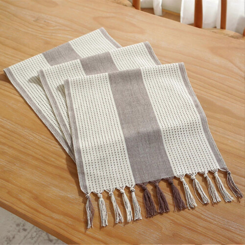 (Light Grey) Striped Bohemian-style tassel table runner, home décor, Dark Gray
