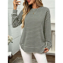 Women'S Striped Waffle Knit Long Sleeve Casual T-Shirt Top Army Green S
