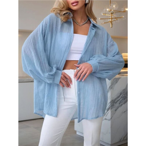 Women'S Solid Collared Long Sleeve Loose Fit Button Down Shirt Light  S 2