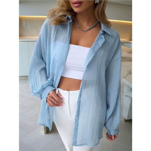 Women'S Solid Collared Long Sleeve Loose Fit Button Down Shirt Light  S 2