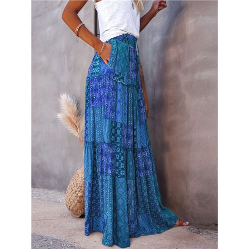 Women'S Boho Printed High Waist Tiered Maxi Skirt Deep  S 1