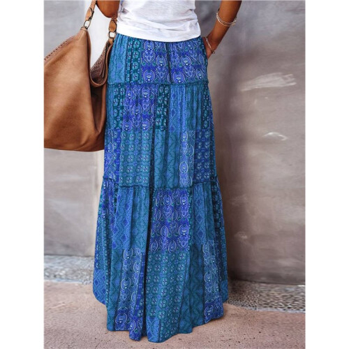 Women'S Boho Printed High Waist Tiered Maxi Skirt Deep  S 2