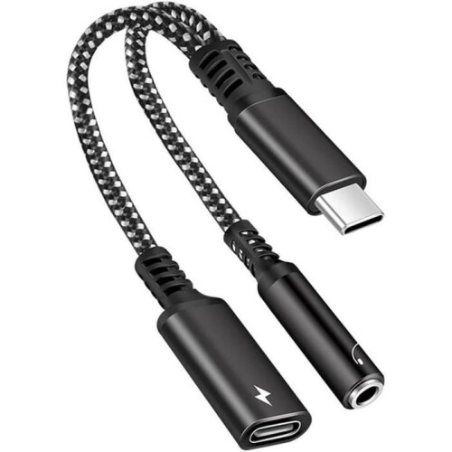 2-in-1 USB-C to AUX Adapter (Black): 3.5mm audio cable with charging function – compatible with USB-C devices