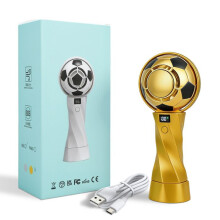 Portable gold football-shaped fan, USB powered, digital display, cooling, 1800 mAh capacity, mini fan