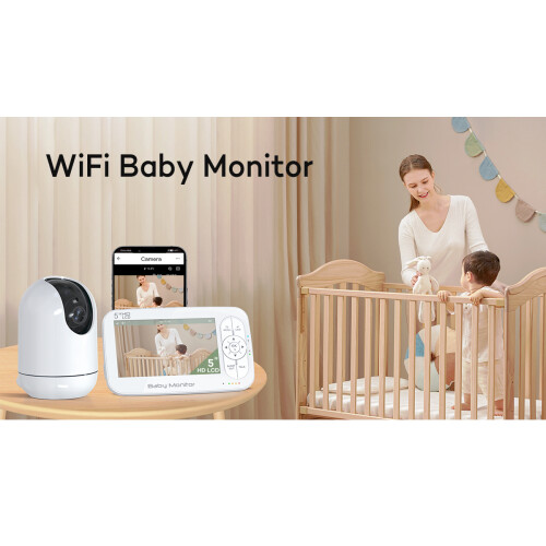 Monitor de Vídeo para Bebés - RNCYN - Ecrã de 5 polegadas - Áudio bidirecional - Canção de embalar incorporada - Câmara WiFi 720P 1