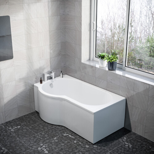 NES Home P Shaped Left Hand 1500mm Curved Shower Bath Acrylic & Front Panel 1