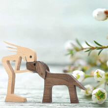 Family Puppy Wooden Carving Ornaments, Natural Solid Wood Pet Dog Family Craft Carving (women And Dog)