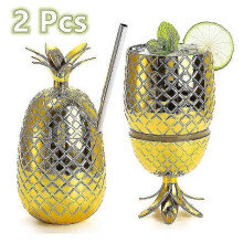 (2 Pcs - Rose Red) 2 Pcs 500ml Pineapple Drink Cups Tumbler With Stretched Straw Wineglass Drinking Cocktail Beer Juice Cups Bar Party Drinkware