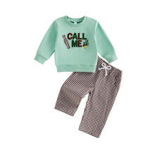 (12-18 Months, Green) Toddler Boys Fall Outfits Adorable Letter Duck Embroidery Long Sleeve Sweatshirt and Plaid Pants Set