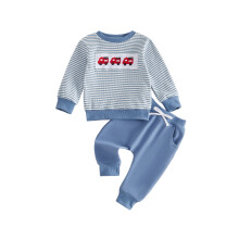 (3-4 Years, Blue) Toddler Boy Fall Clothes Set Fire Engine Embroidery Long Sleeve Crew Neck Stripe Sweatshirts and Joggers Pants Outfits