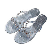 (36, Blue) Women's Studded Bow Jelly Flat Flip Flops