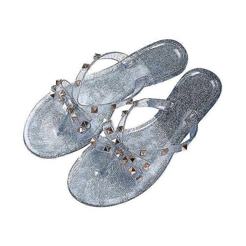 (36, Blue) Women's Studded Bow Jelly Flat Flip Flops