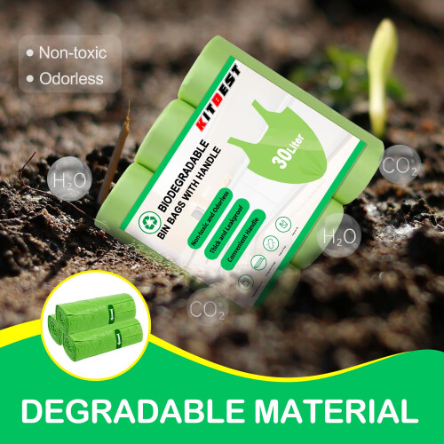 KITBEST Biodegradable Bin Liners 30L Tie Handle, Strong Compostable 2