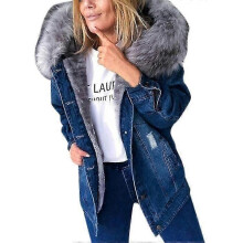 (XL, Dark Blue) Winter Thick Denim Jacket Women Casual Long Sleeve Fur Collar Hooded Warm Coat