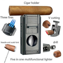Cigar lighters, flashlight lighters, refillable butane lighters with cigar cutters, V-cut cigar punc