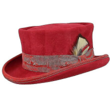 (RED) Mid Crown Red Top Hat - Unisex Steam Punk Cylinder Wool Felt Hat