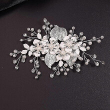 Dainty Bridal Flower Hair Clip Hairpin Gold Leaf Crystal Pearl Hair Barrette Handmade Wedding Hair Piece Hair Accessories for Women Bride Girls (Silve