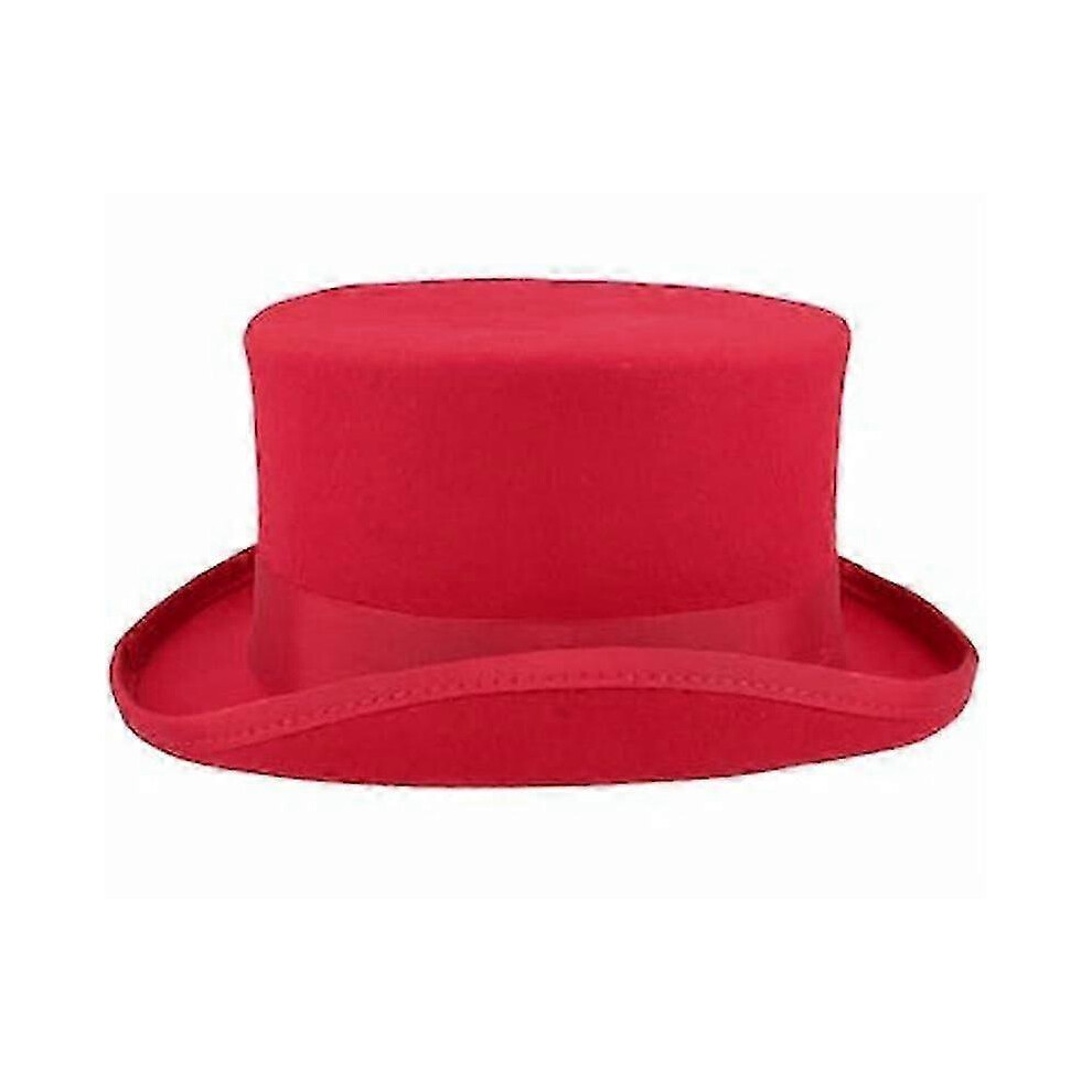 (Wine Red) Mid Crown Red Top Hat - Unisex Steam Punk Cylinder Wool Felt Hat-image