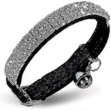Soft Velvet Safe Cat Adjustable Collar Bling Diamante with Bells 11 Inch Black