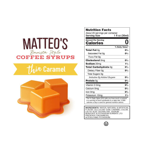 Matteo's Barista Style Sugar Free Coffee Syrup - Caramel - Zero 1