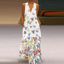 (XXL, White) Plue Size Women Bohemian Dress Sleeveless Printed Maxi Dress
