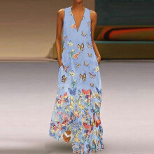 (S, Light Blue) Plue Size Women Bohemian Dress Sleeveless Printed Maxi Dress