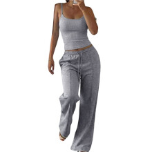 Women'S Ribbed Tank Top & Drawstring Wide Leg Pants Two-Piece Set Light Gray XS
