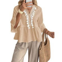 Women'S Solid V-Neck Tassel Trim 3/4 Sleeve Peplum Blouse Khaki S
