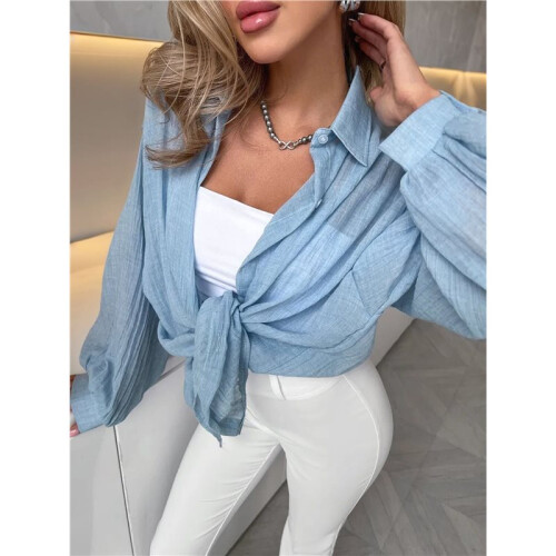 Women'S Solid Collared Long Sleeve Loose Fit Button Down Shirt Light  S