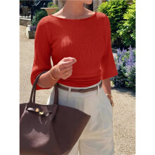 Women'S 3/4 Sleeve Top Ruched Waist Fitted Tops for Women Crop Boat Neck Ribbed Bell Sleeve Flare Red S