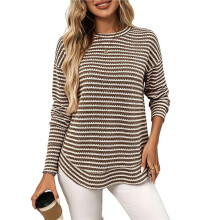 Women'S Striped Waffle Knit Long Sleeve Casual T-Shirt Top Brown S