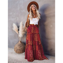 Women'S Boho Printed High Waist Tiered Maxi Skirt Red S
