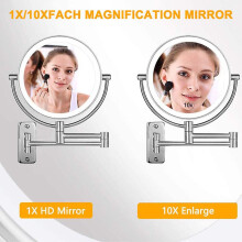 Specchio ingranditore a LED bifacciale 10X da parete, girevole a 360, estensibile, alimentato a batteria.