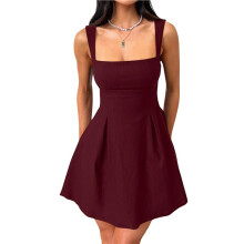Women'S Sleeveless Square Neck Adjustable Straps Tie Back A- Party Club Dress Wine Red S