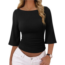 Women'S 3/4 Sleeve Top Ruched Waist Fitted Tops for Women Crop Boat Neck Ribbed Bell Sleeve Flare Black S