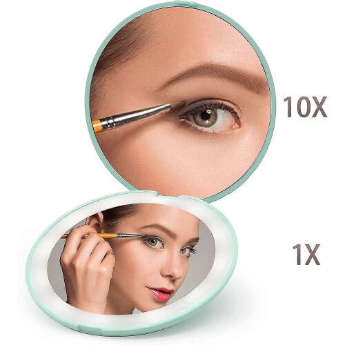 1x/10x Green LED Magnifying Compact Mirror – Foldable Pocket Lighted Travel Makeup Mirror 1