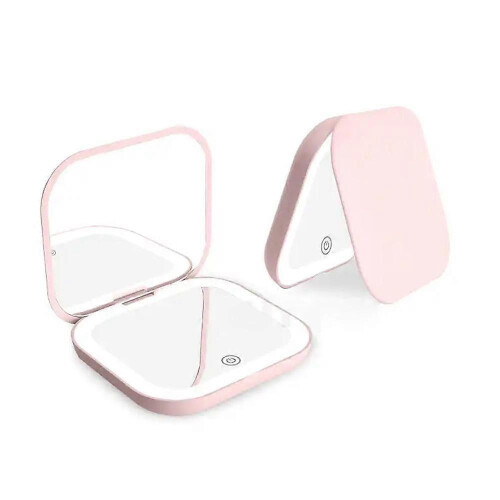 Pink Compact Mini Vanity Mirror with LED Lights, 2X Magnifying, Folding Handheld Pocket Mirror 1